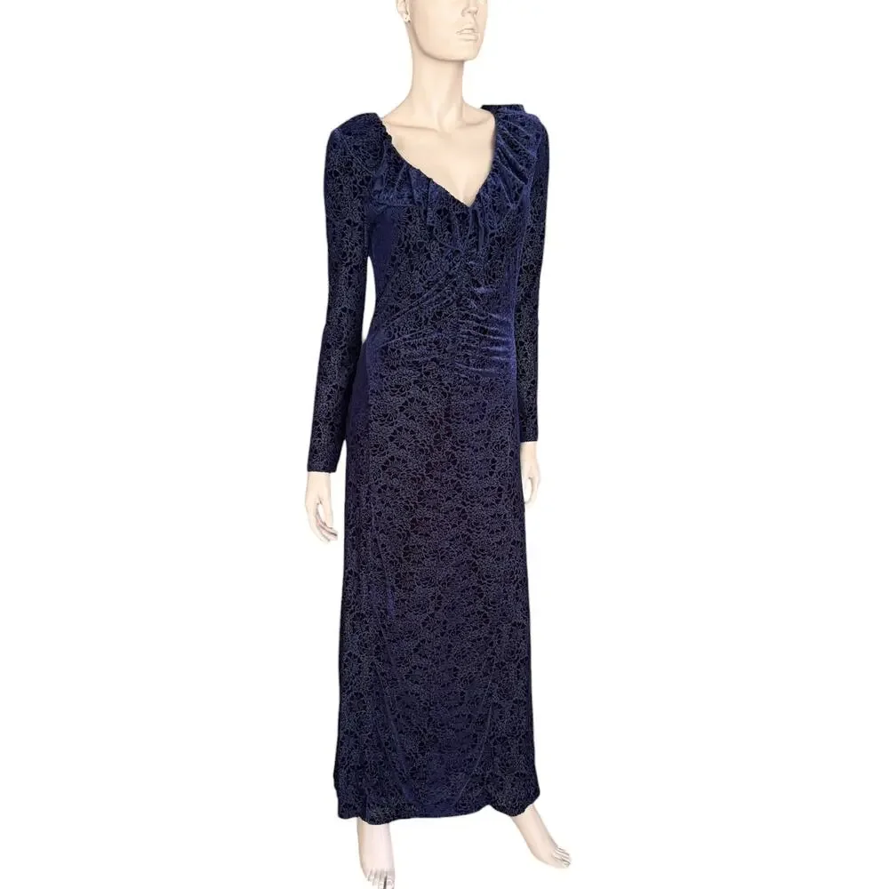 Anthropologie Blue Velvet Ruched Maxi Dress Size Med Ruffle Bodycon Formal - Picture 12 of 15